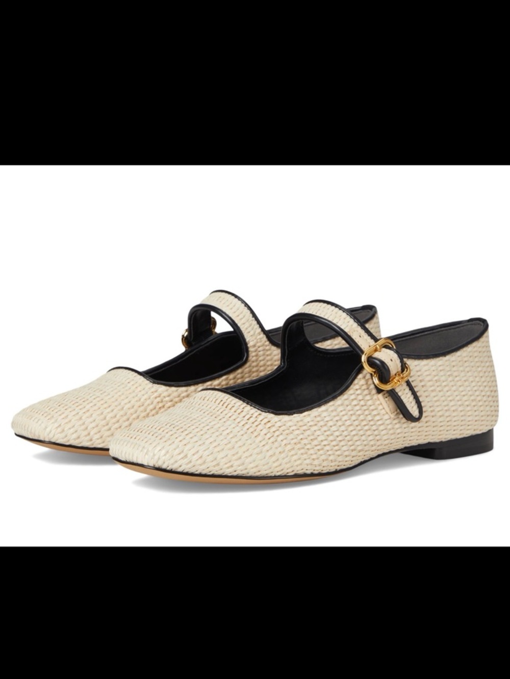Sam Edelman Beige Woven Mary Jane Flats with Black Trim Linen Raffia